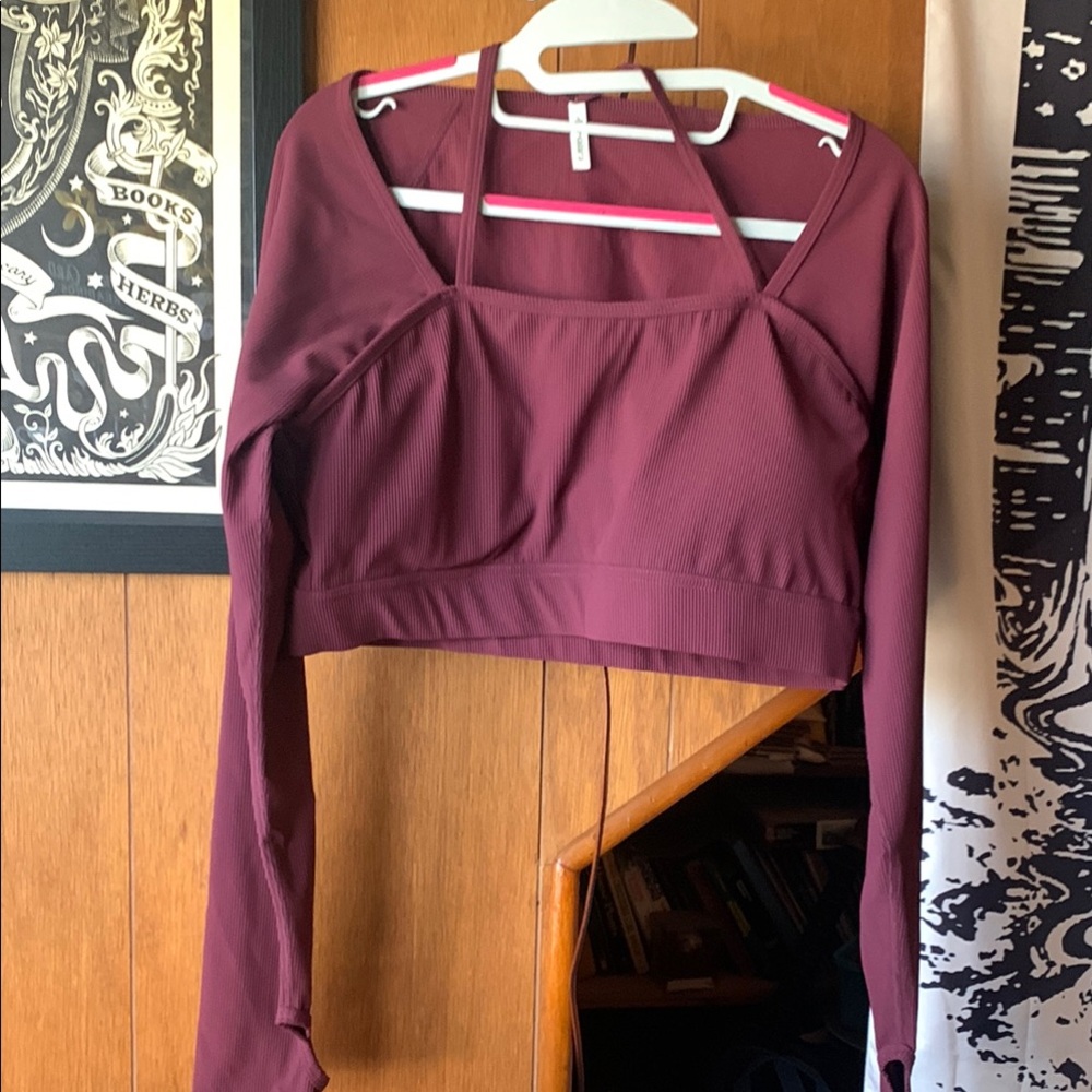 Women's Burgundy Long Sleeve Strappy Crop Top XL